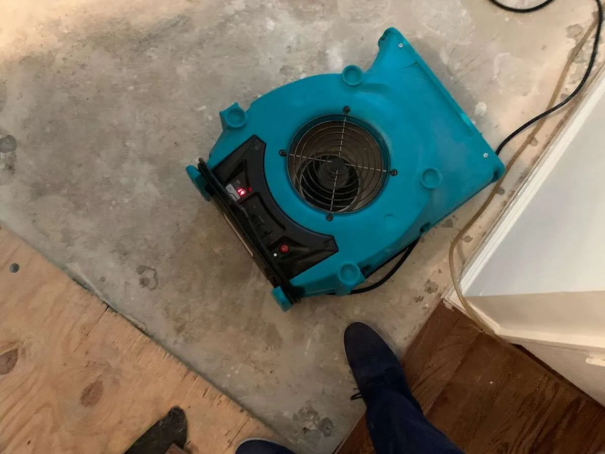 Air mover drying subfloor during Commercial Water Damage Restoration in Milwaukie